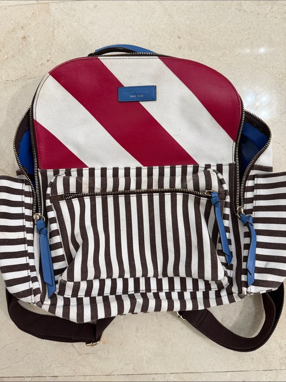 Henri Bendel Striped Canvas Backpack with Red & White Accent
